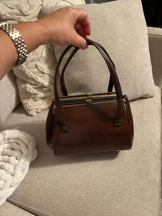 Vintage 1950s Ackery Brown Leather Triple Compartment Frame Handbag - Picture 2 of 9